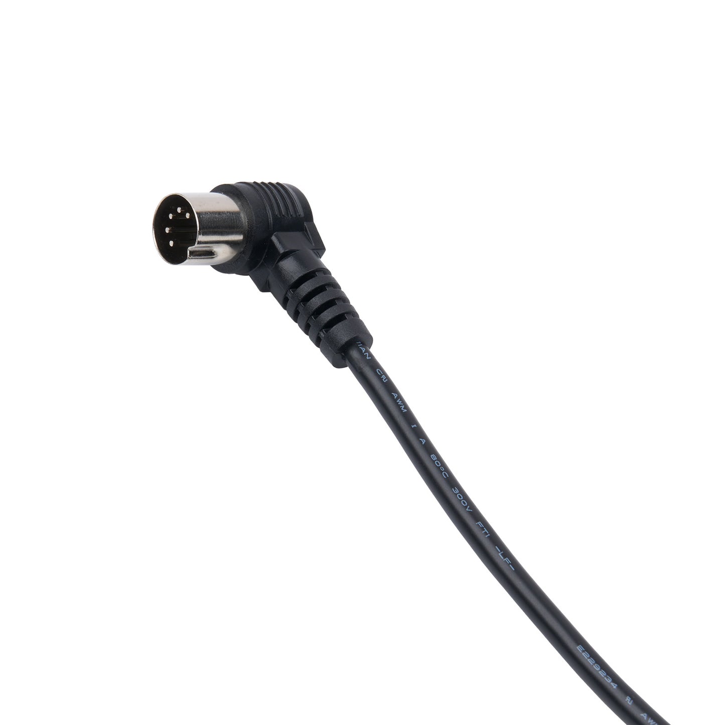 Black cable with a 90-degree connector on a white background
