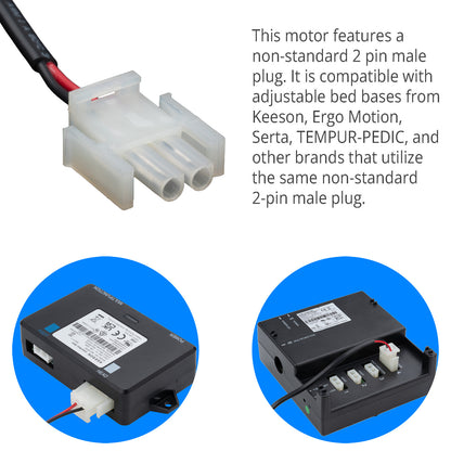 Motor with non-standard 2 pin male plug and compatibility information on a white background