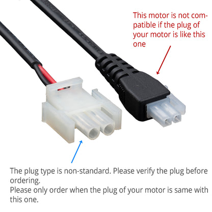 Motor plug compatibility diagram with text indicating non-standard plug type.