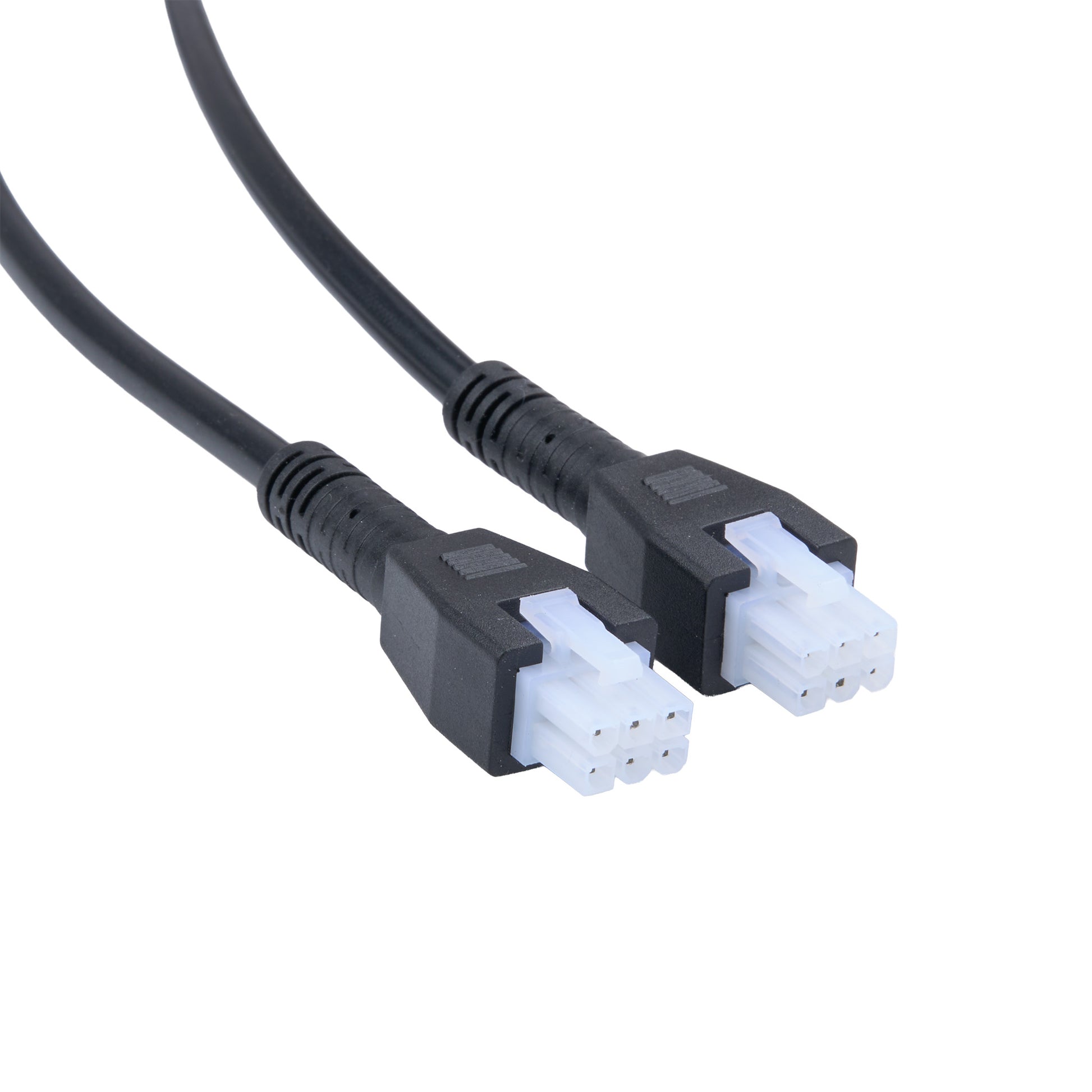 Two black cables with white connectors on a white background