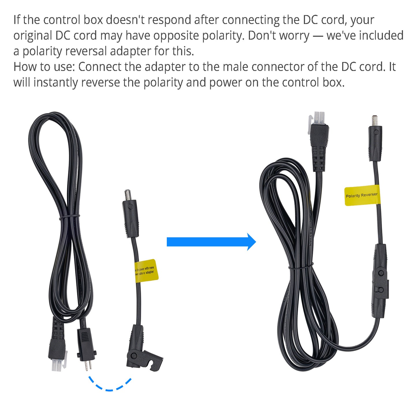 Polarity reversal adapter for DC cord on a white background