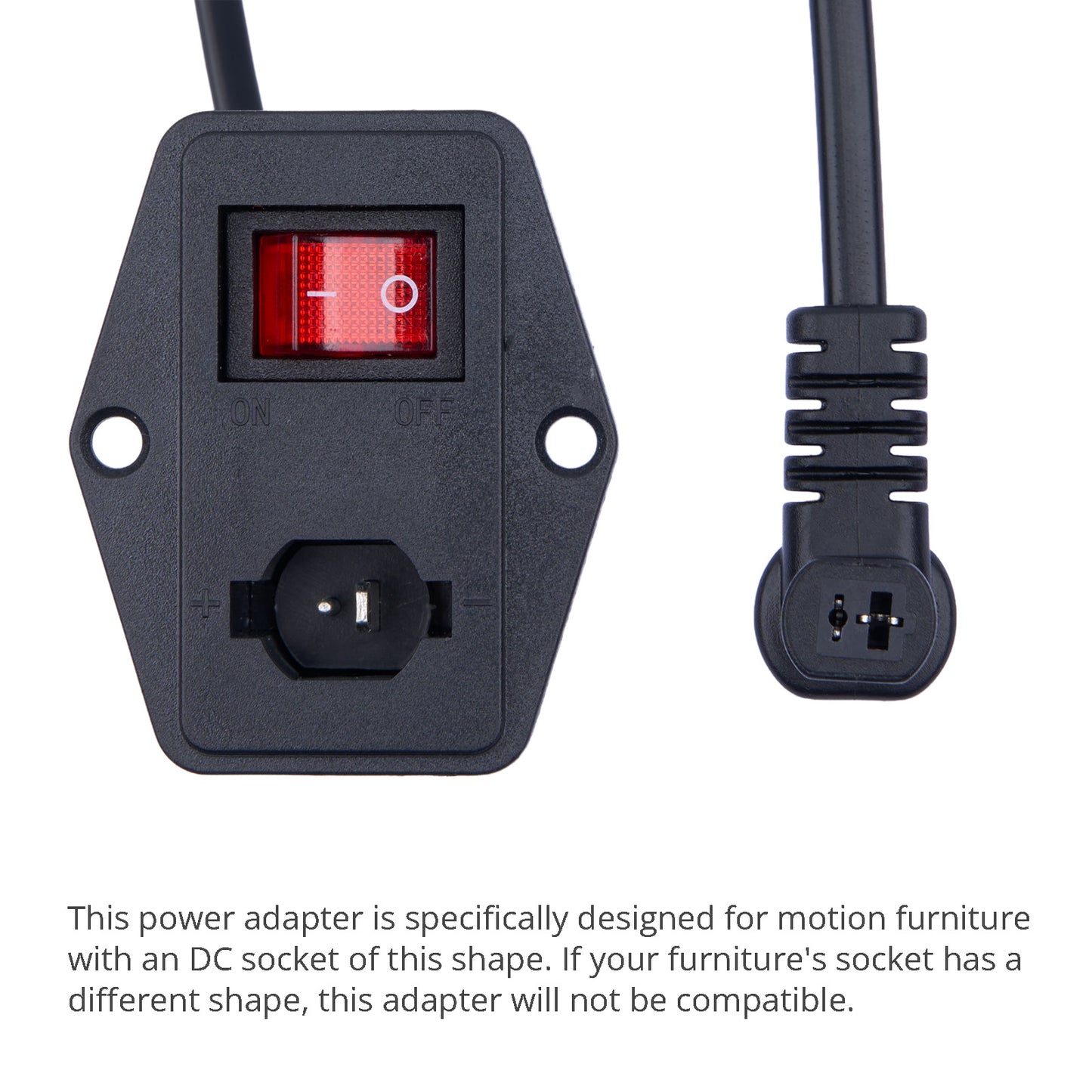 Black power adapter with red switch and two sockets on a white background