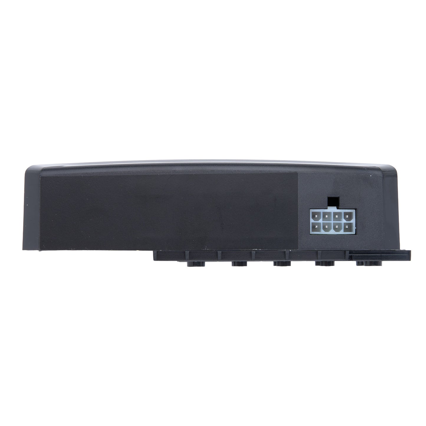 Black electronic component with connectors on a white background