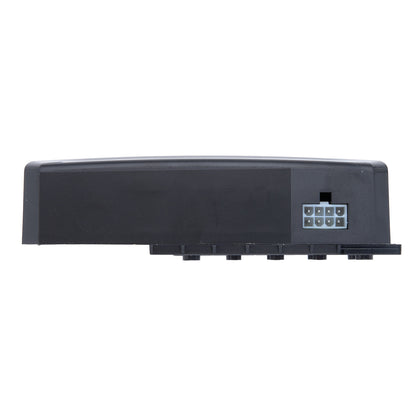 Black electronic component with connectors on a white background