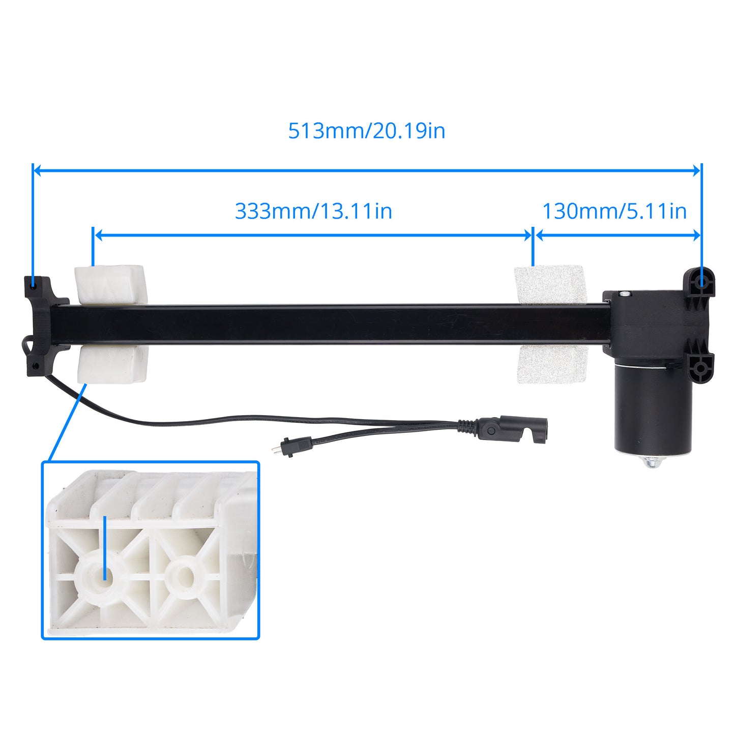 Black metal window blind support arm with a black motor and white plastic finials, shown with blue dimension lines and a close-up inset of the white plastic hardware cross-section on a white background.