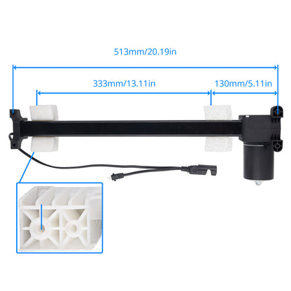 Black metal window blind support arm with a black motor and white plastic finials, shown with blue dimension lines and a close-up inset of the white plastic hardware cross-section on a white background.