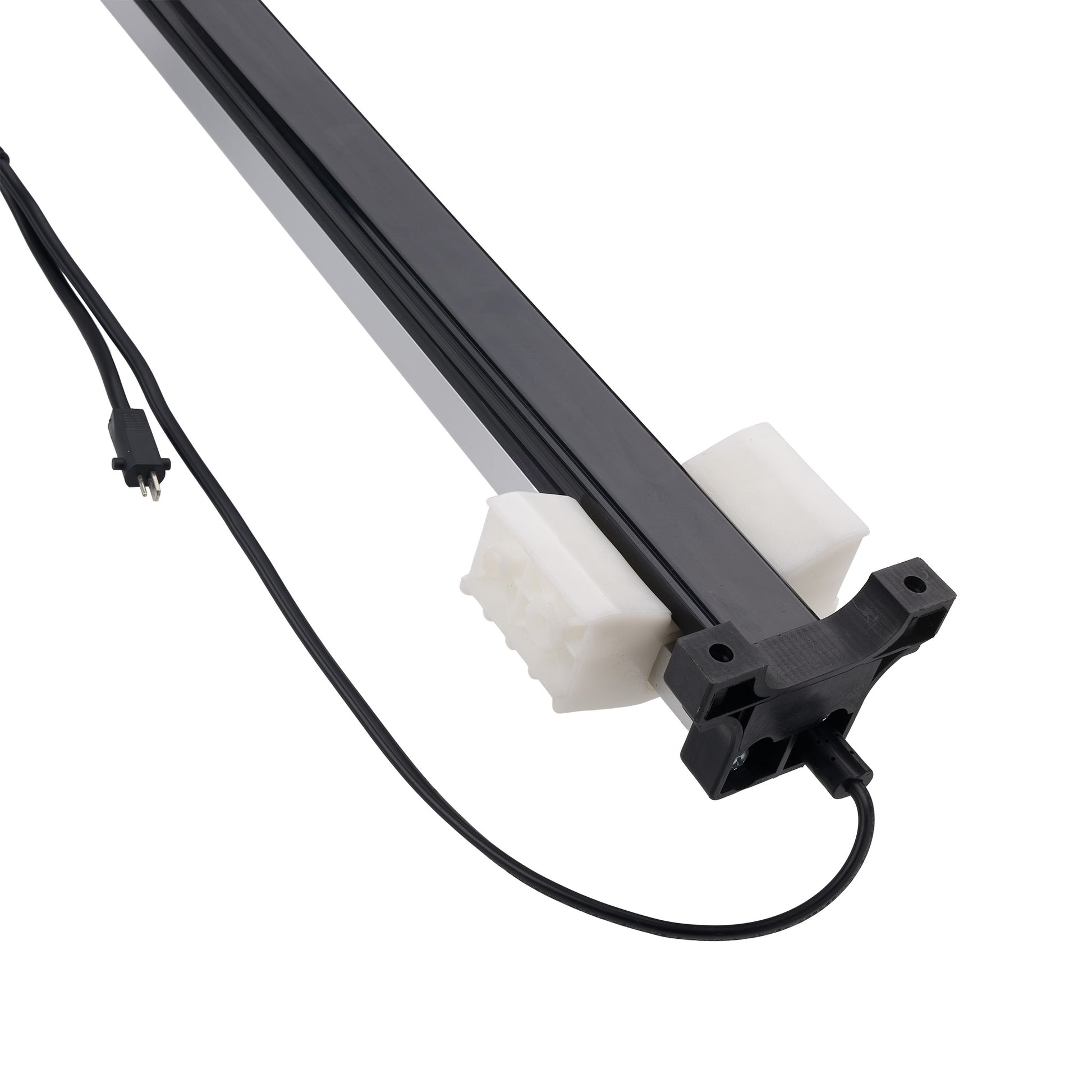 A black linear LED light bar with white end caps and a black power cable, shown on a plain white background.