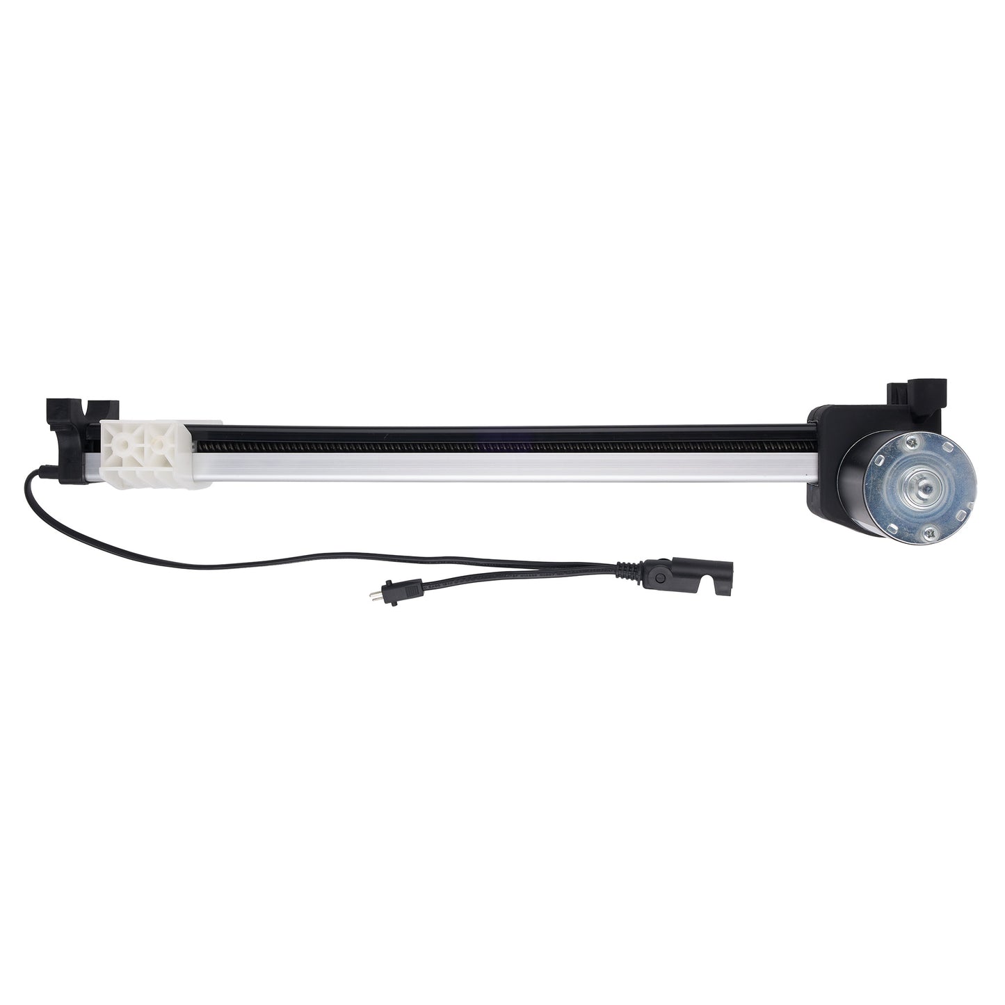 A linear slide rail assembly with a black frame, a silver metal rod, a white plastic end piece, and a black motor with a blue-tinted shaft, shown on a white background.