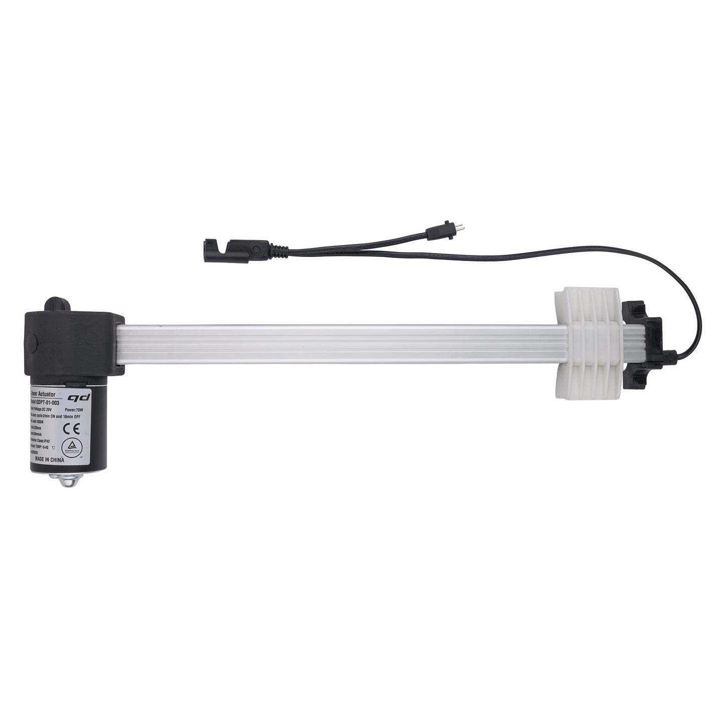 A linear electric motor slide rail assembly with a black motor housing, a white plastic end cap, and a black power cable, shown against a plain white background.