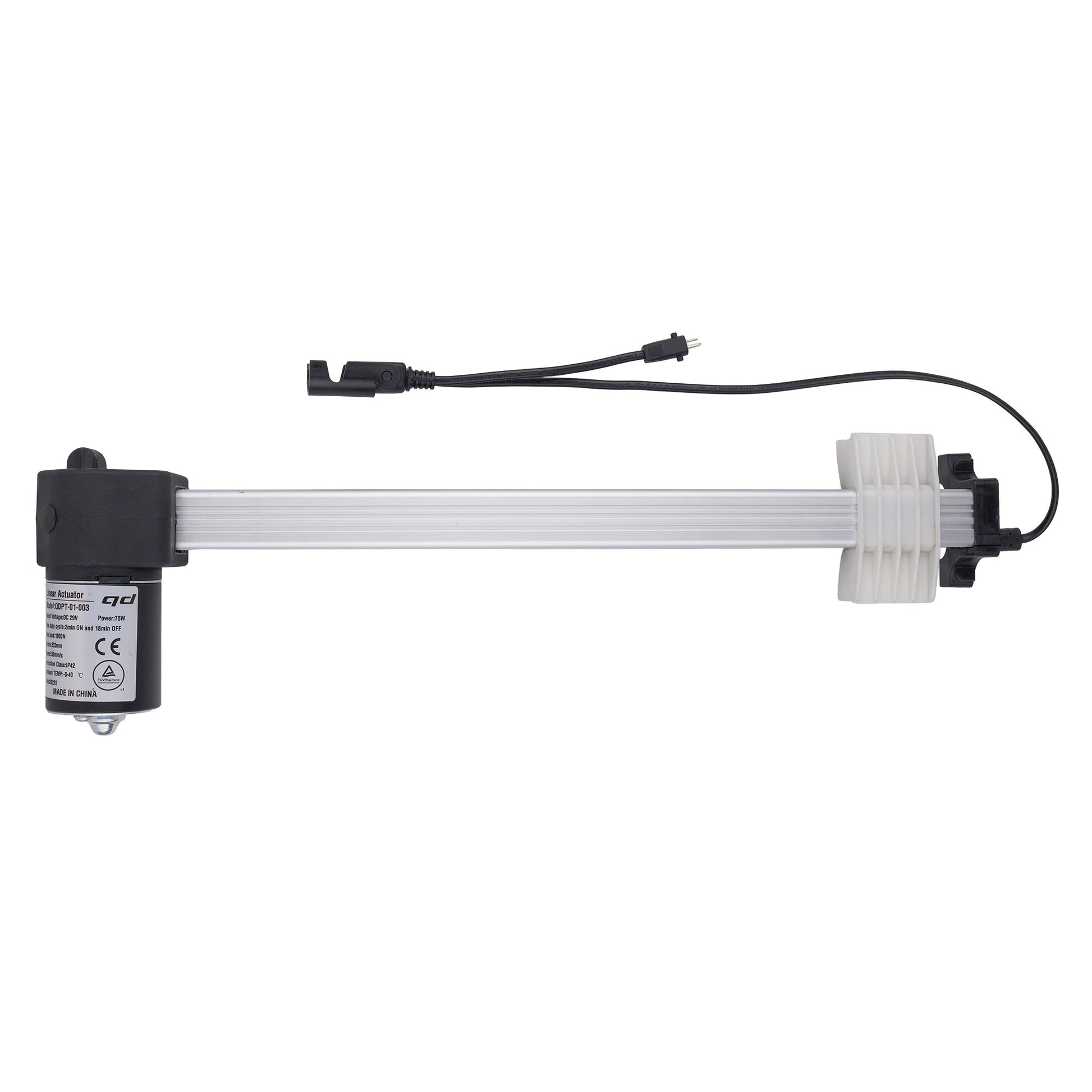 A linear electric motor slide rail assembly with a black motor housing, a white plastic end cap, and a black power cable, shown against a plain white background.