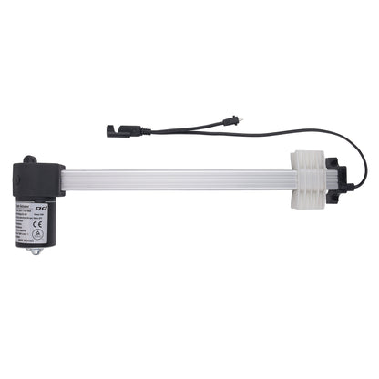 A linear electric motor slide rail assembly with a black motor housing, a white plastic end cap, and a black power cable, shown against a plain white background.