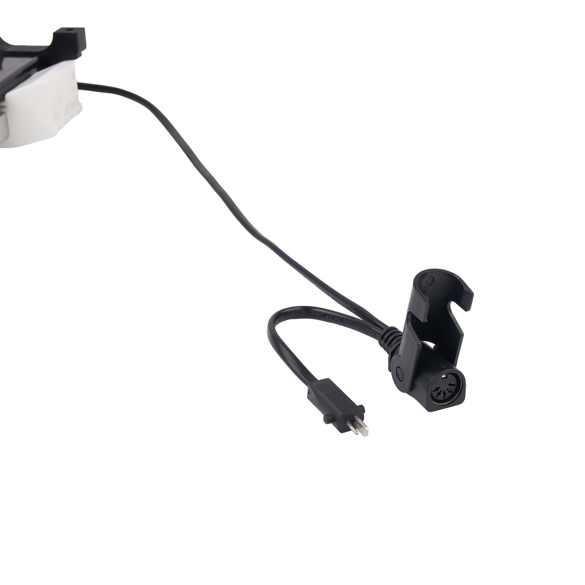 A black power adapter cable with a plug, connector, and mounting clip, shown on a plain white background.