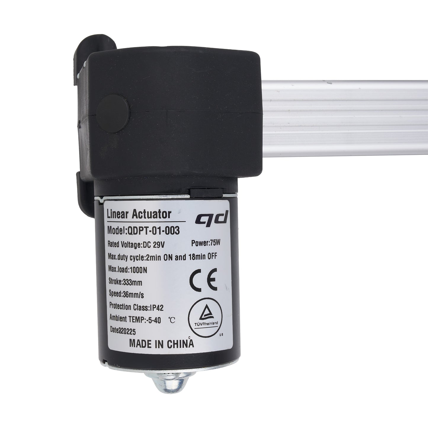 A linear actuator motor with a black housing, a white label containing specifications and CE certification, and a clear plastic rod extending horizontally on a white background.
