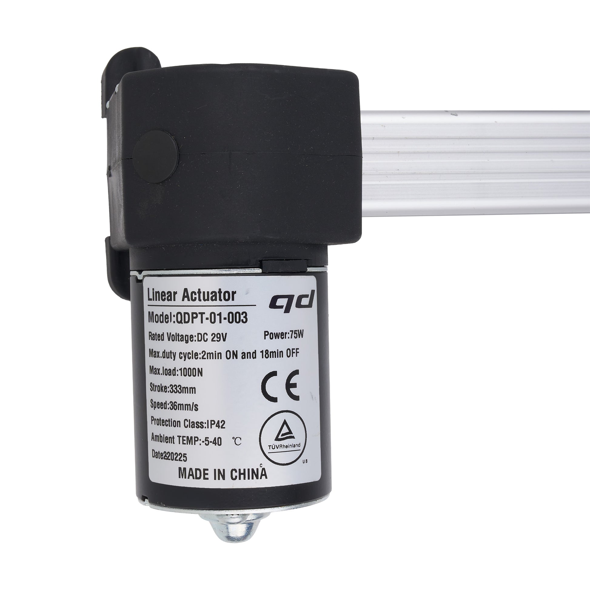 A linear actuator motor with a black housing, a white label containing specifications and CE certification, and a clear plastic rod extending horizontally on a white background.