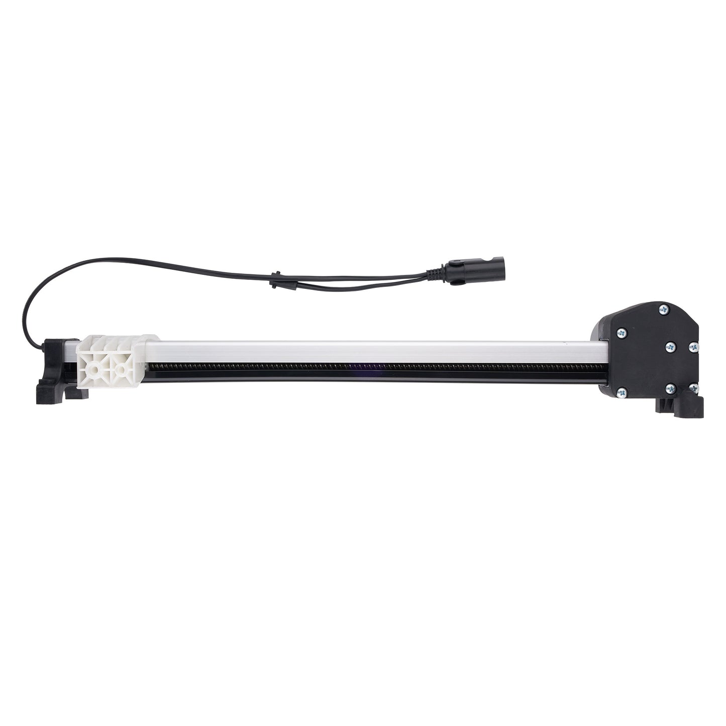 A linear motion guide rail assembly with a black motor mount, a white plastic end piece, and a black cable with a connector, shown against a plain white background.