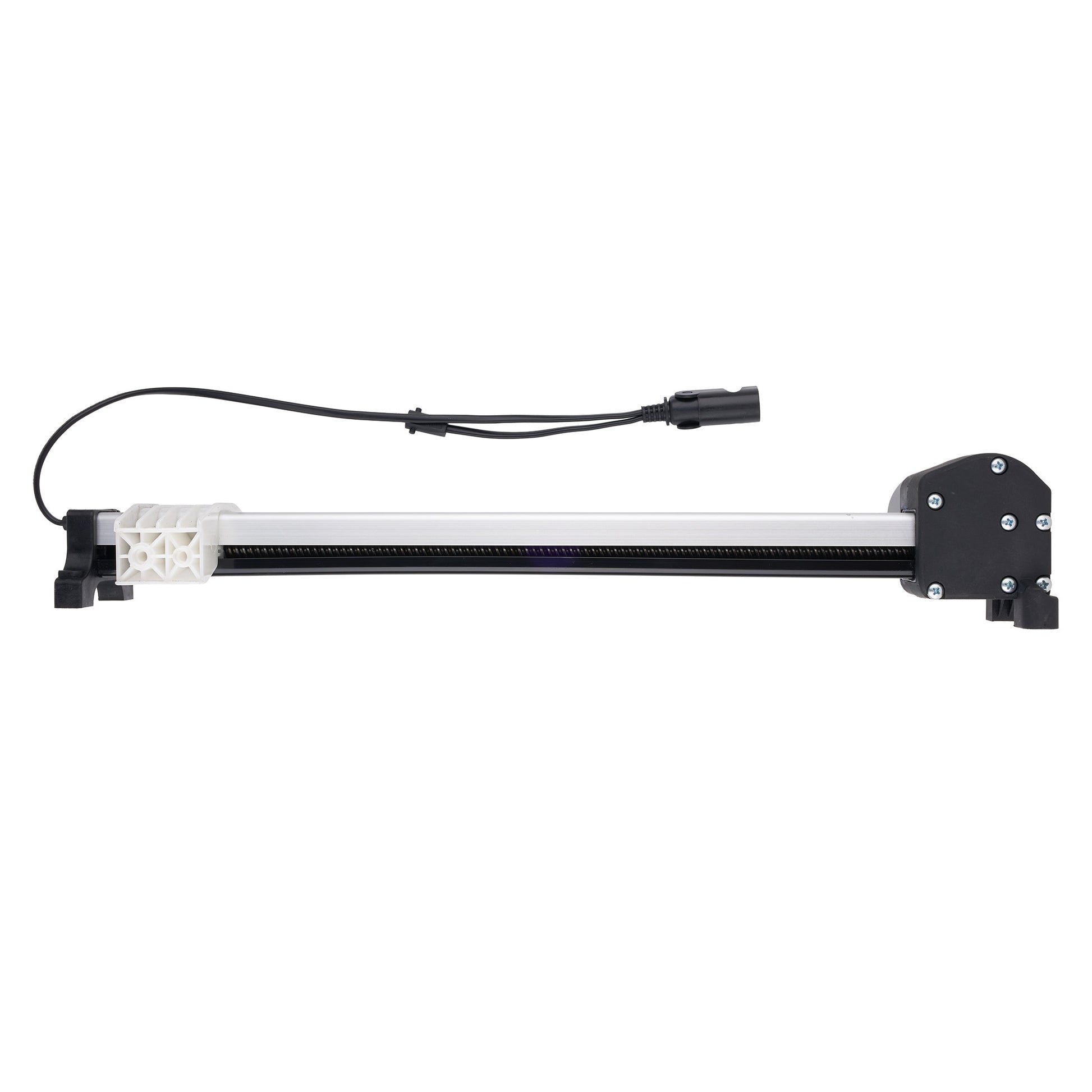 A linear motion guide rail assembly with a black motor mount, a white plastic end piece, and a black cable with a connector, shown against a plain white background.