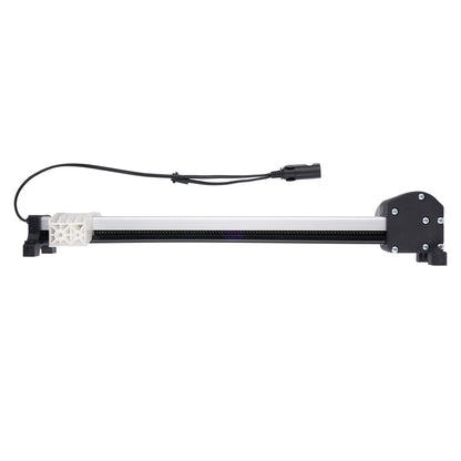 A linear motion guide rail assembly with a black motor mount, a white plastic end piece, and a black cable with a connector, shown against a plain white background.