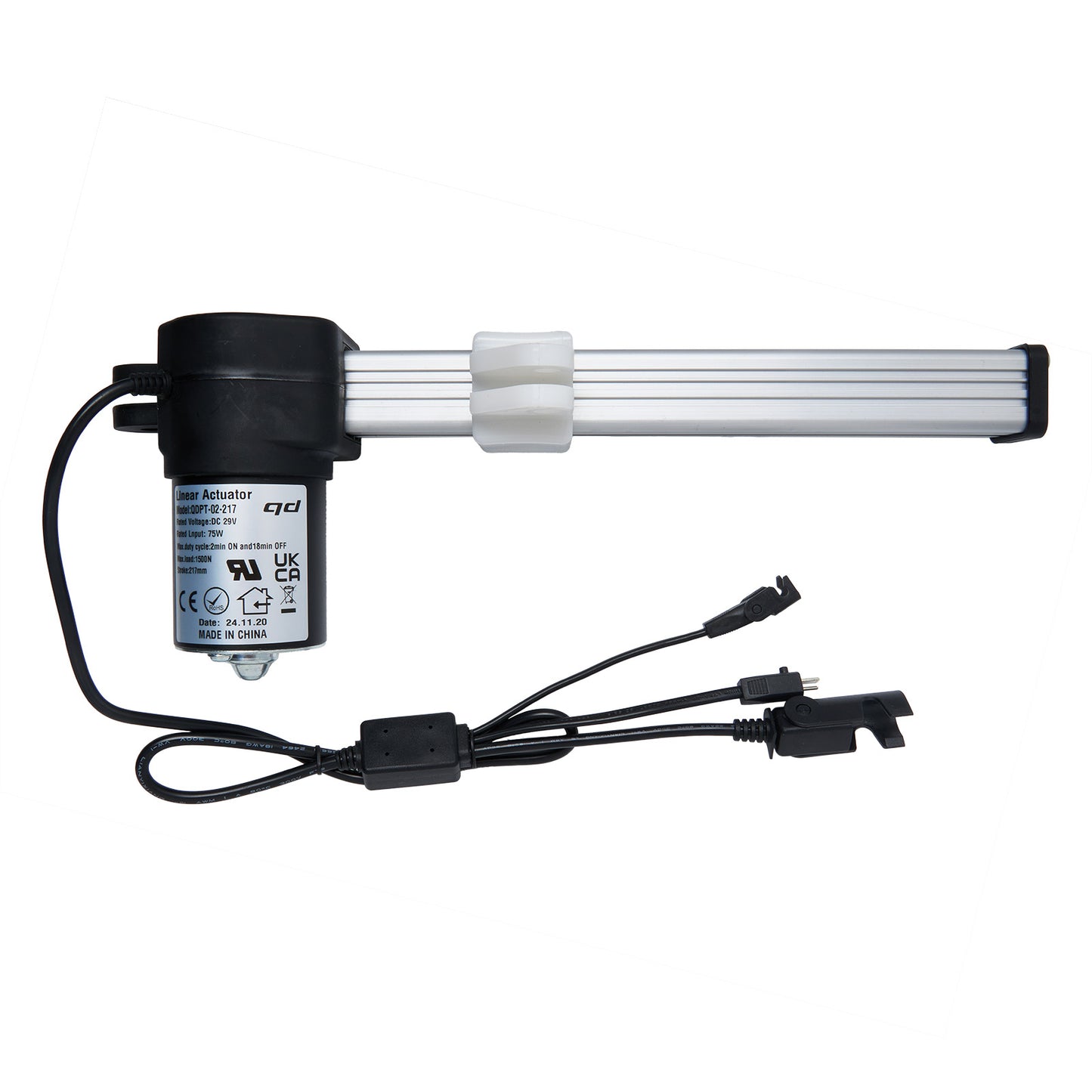 A black linear actuator for recliner or lift chair with three cables and plugs.