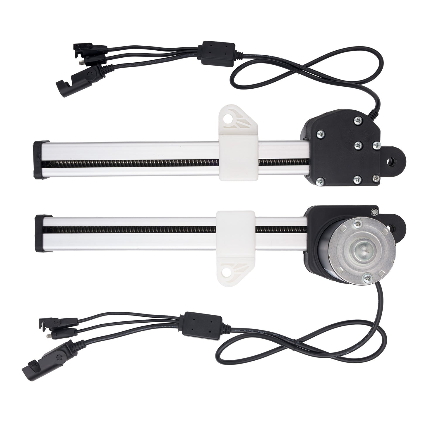 Two linear motion guide rails with black limit switches, white plastic mounting brackets, and black wiring with connectors, displayed on a solid white background.
