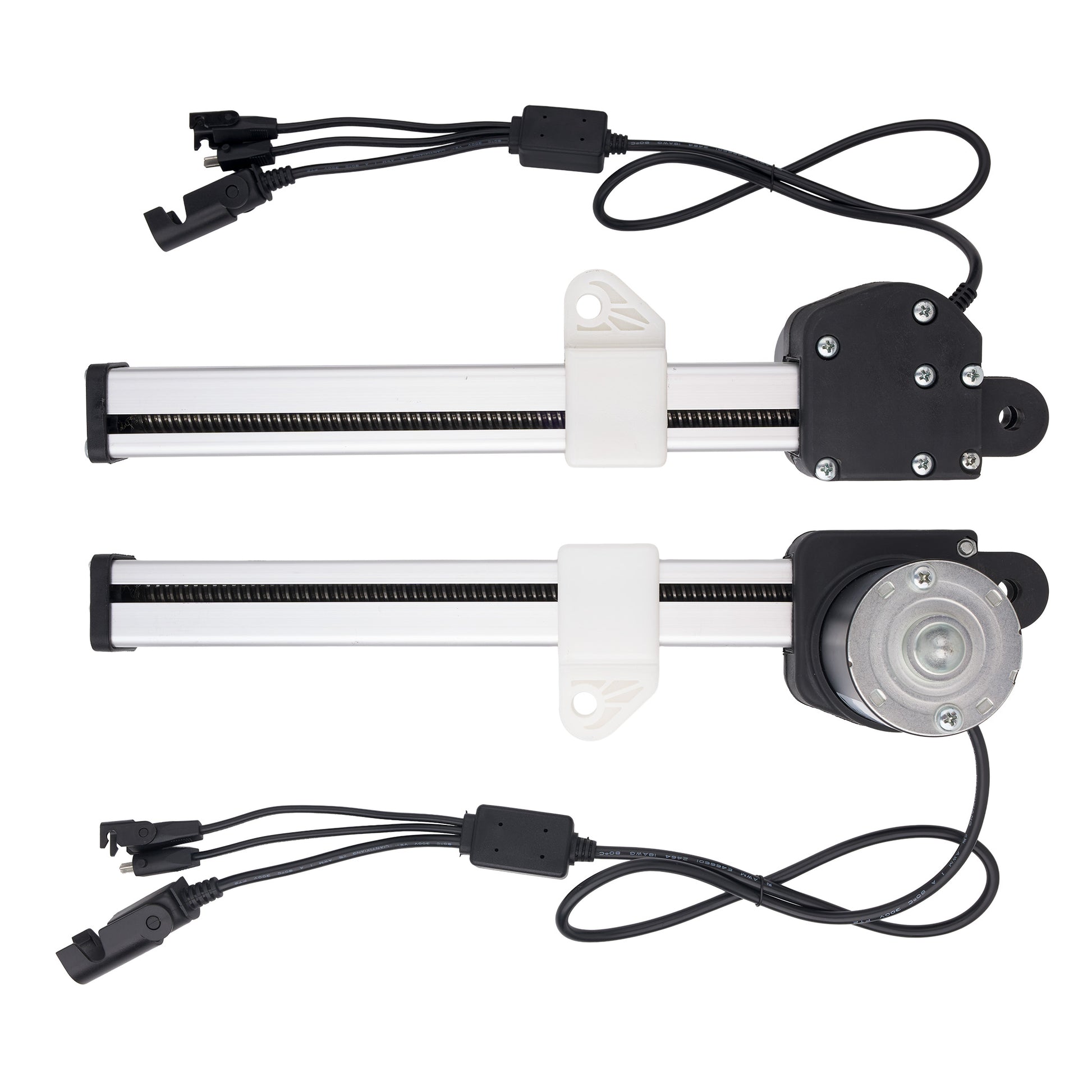 Two linear motion guide rails with black limit switches, white plastic mounting brackets, and black wiring with connectors, displayed on a solid white background.
