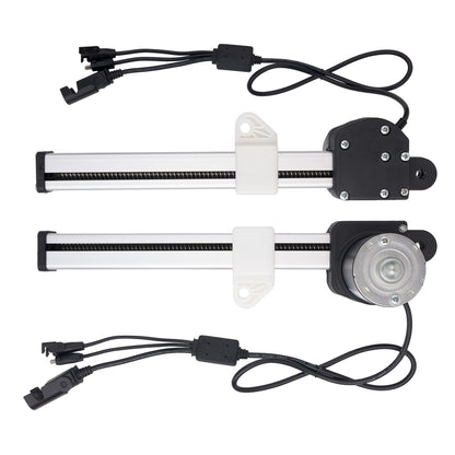 Two linear motion guide rails with black limit switches, white plastic mounting brackets, and black wiring with connectors, displayed on a solid white background.