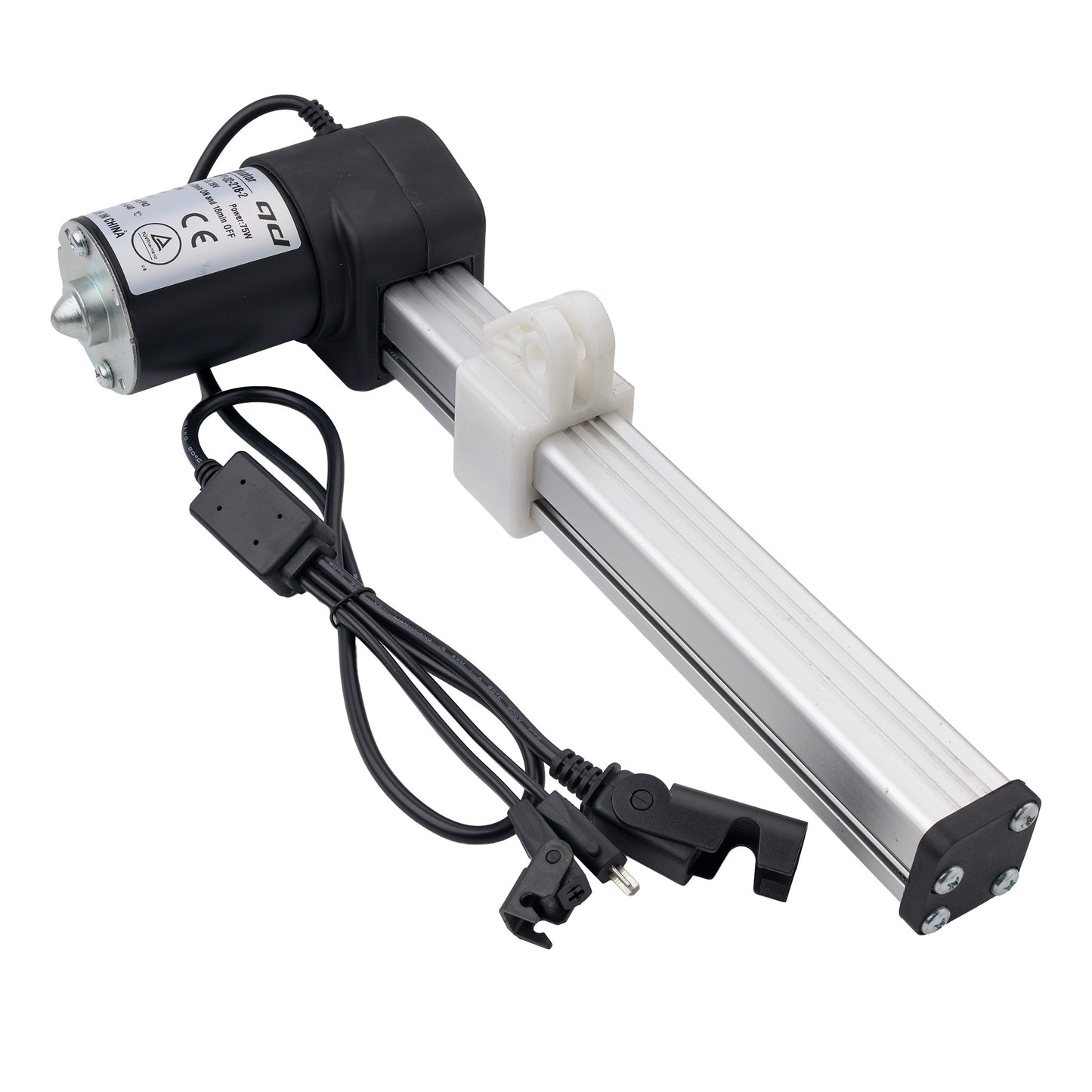 A linear electric motor drive assembly with a black motor, silver aluminum rail, white plastic guide, and attached black power cable, shown on a plain white background.