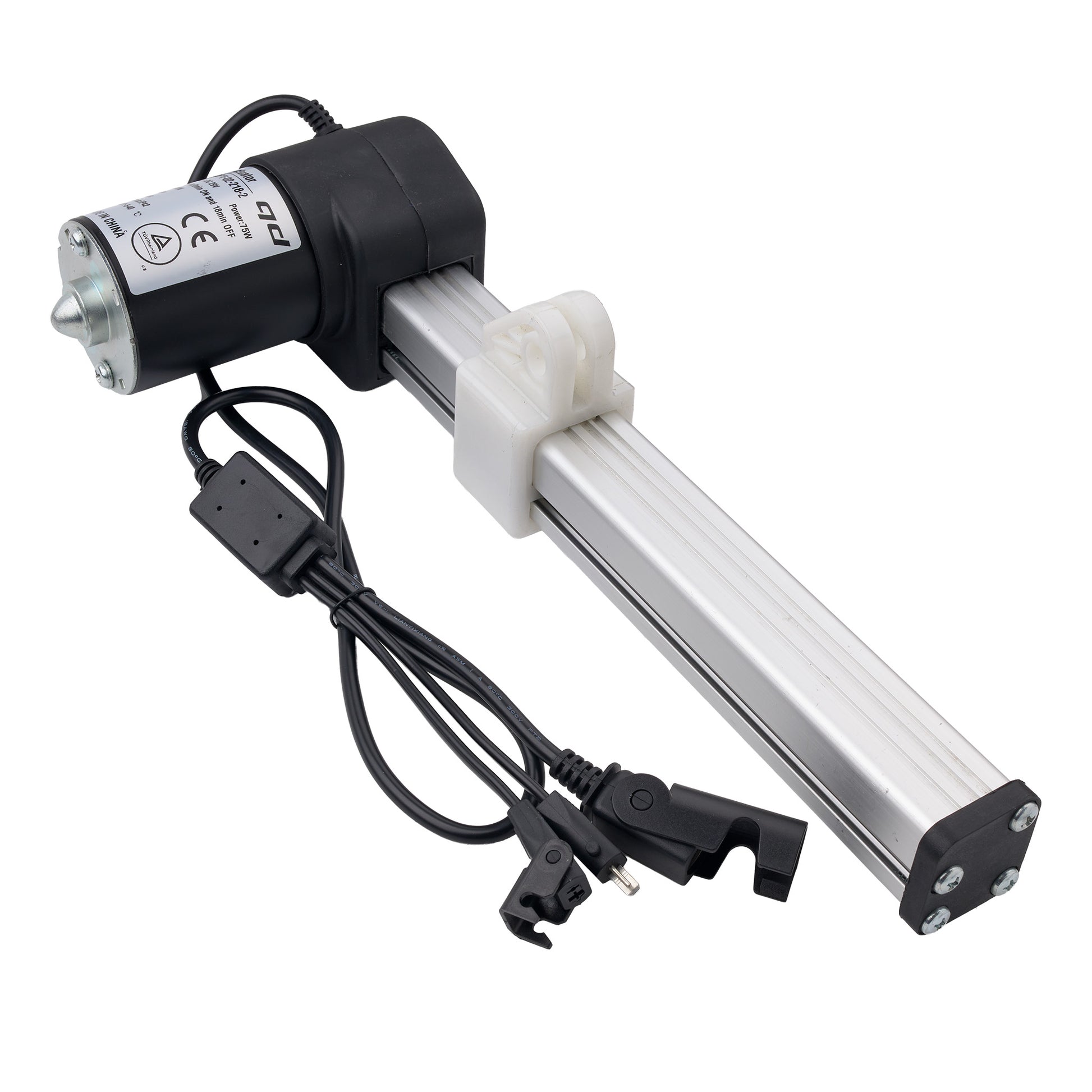 A linear electric motor drive assembly with a black motor, silver aluminum rail, white plastic guide, and attached black power cable, shown on a plain white background.
