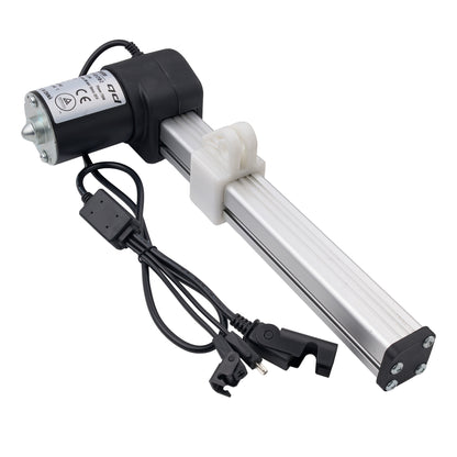 A linear electric motor drive assembly with a black motor, silver aluminum rail, white plastic guide, and attached black power cable, shown on a plain white background.