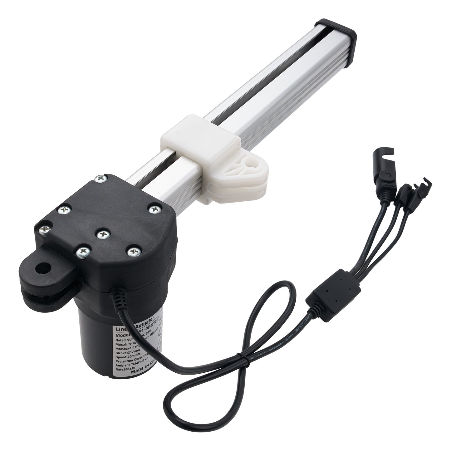 An industrial linear motor drive assembly with a black motor housing, silver aluminum rail, white plastic guide, and black wiring harness with connectors, shown on a white background.