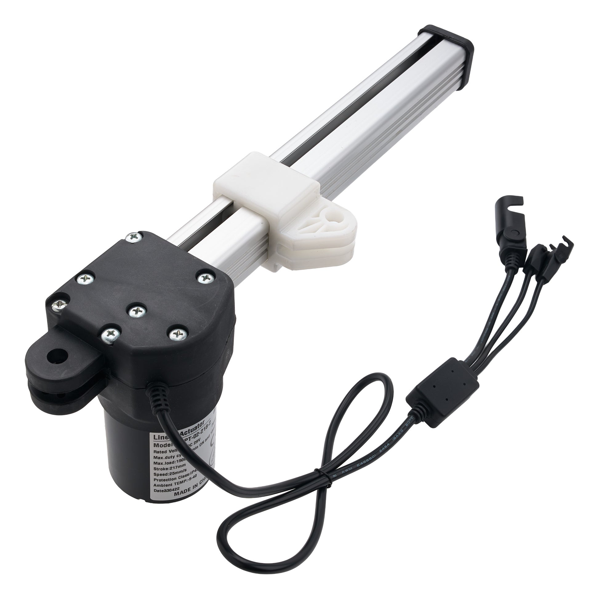 An industrial linear motor drive assembly with a black motor housing, silver aluminum rail, white plastic guide, and black wiring harness with connectors, shown on a white background.