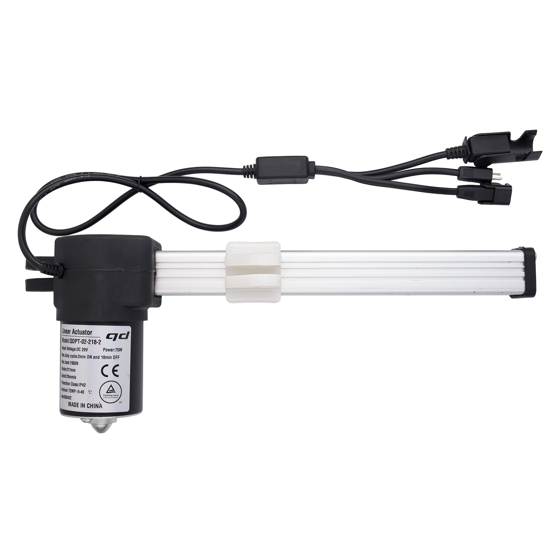 An industrial linear motor drive with a black cylindrical motor unit, a long white ribbed metal rod, and black multi-pin connector cables, shown on a plain white background.