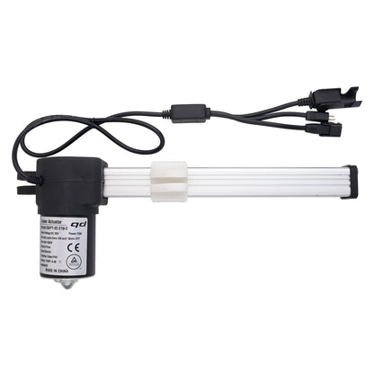 An industrial linear motor drive with a black cylindrical motor unit, a long white ribbed metal rod, and black multi-pin connector cables, shown on a plain white background.