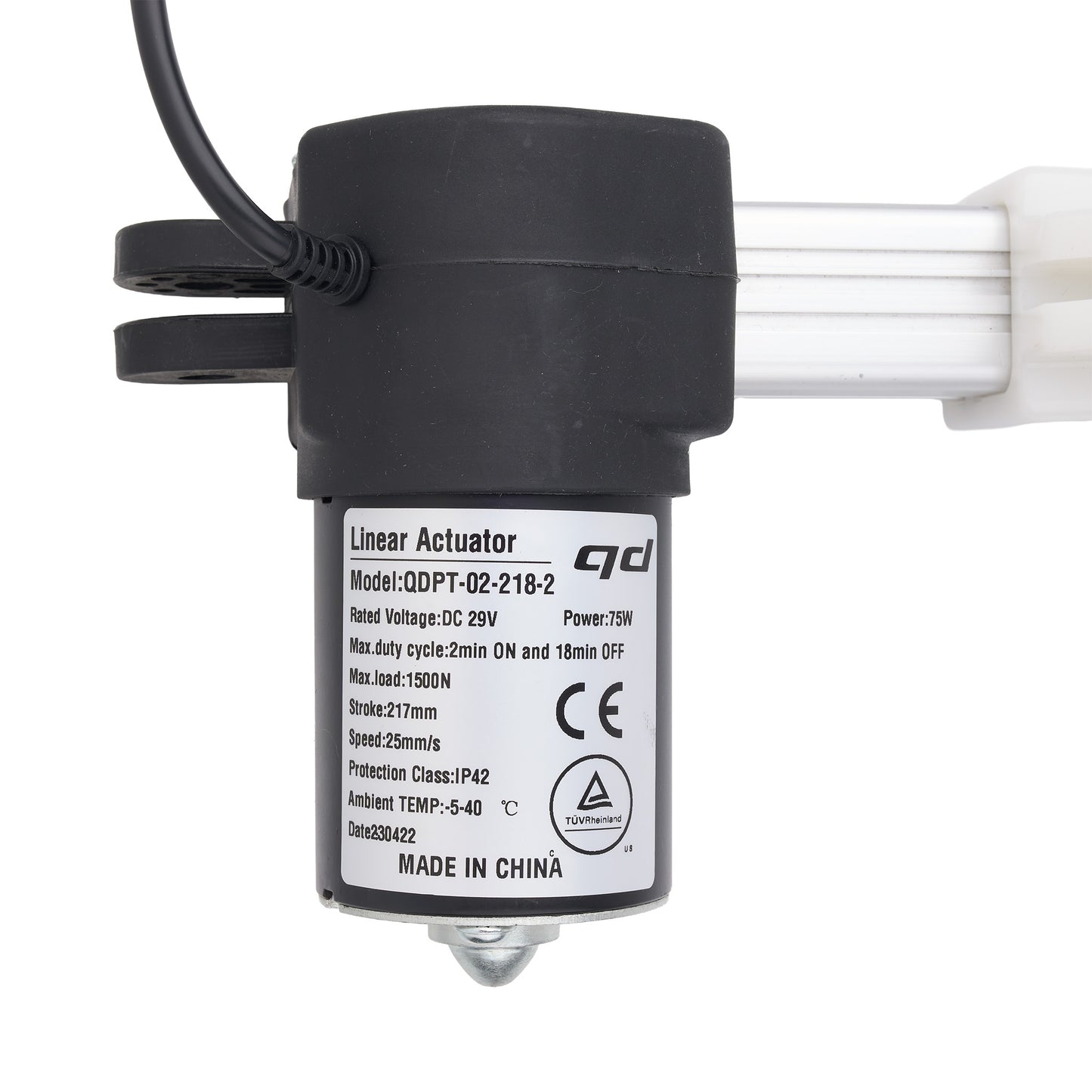 A black linear actuator motor with a white rod and a black power cable, featuring a detailed product specification label on the side.