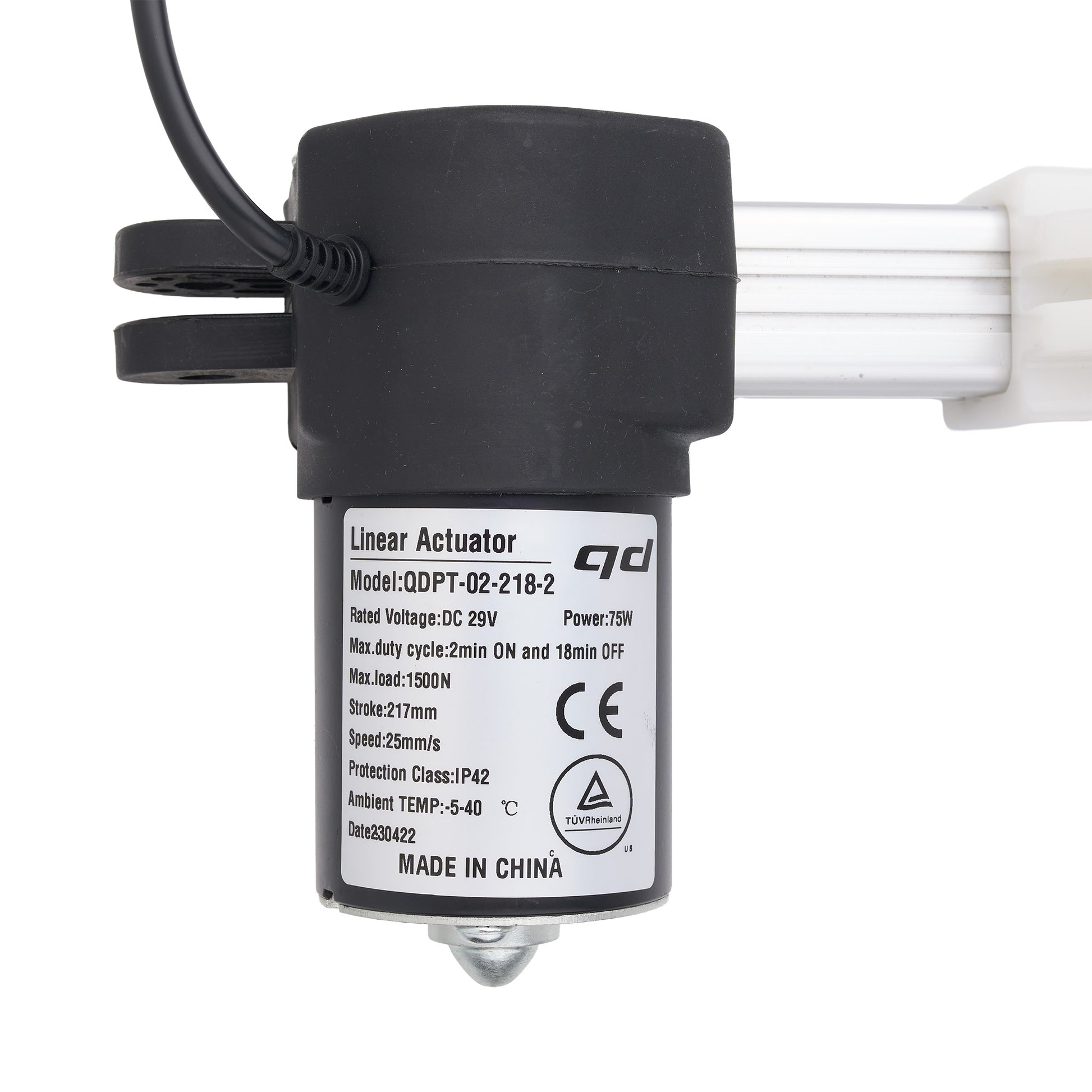 A black linear actuator motor with a white rod and a black power cable, featuring a detailed product specification label on the side.