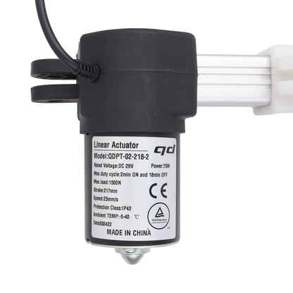A black linear actuator motor with a white rod and a black power cable, featuring a detailed product specification label on the side.