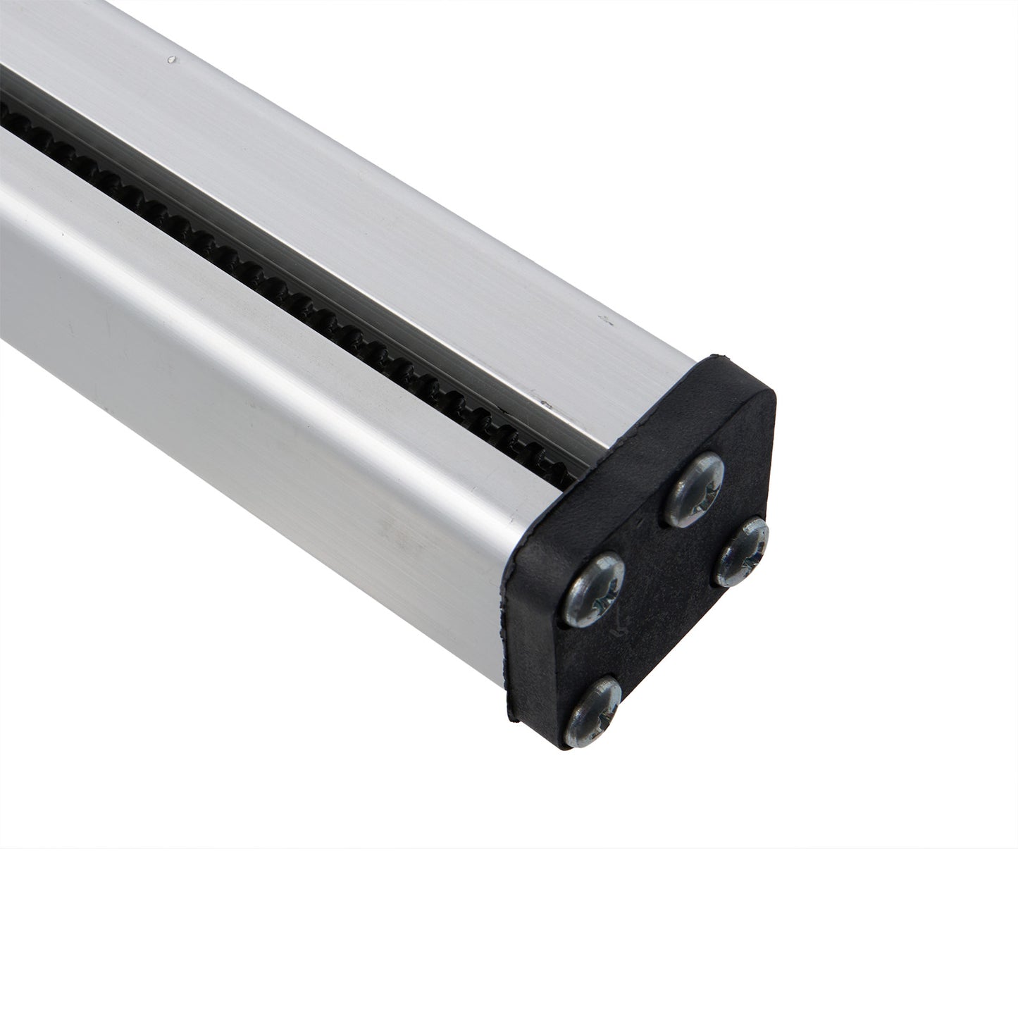 Metallic cylindrical component with black end cap on a white background