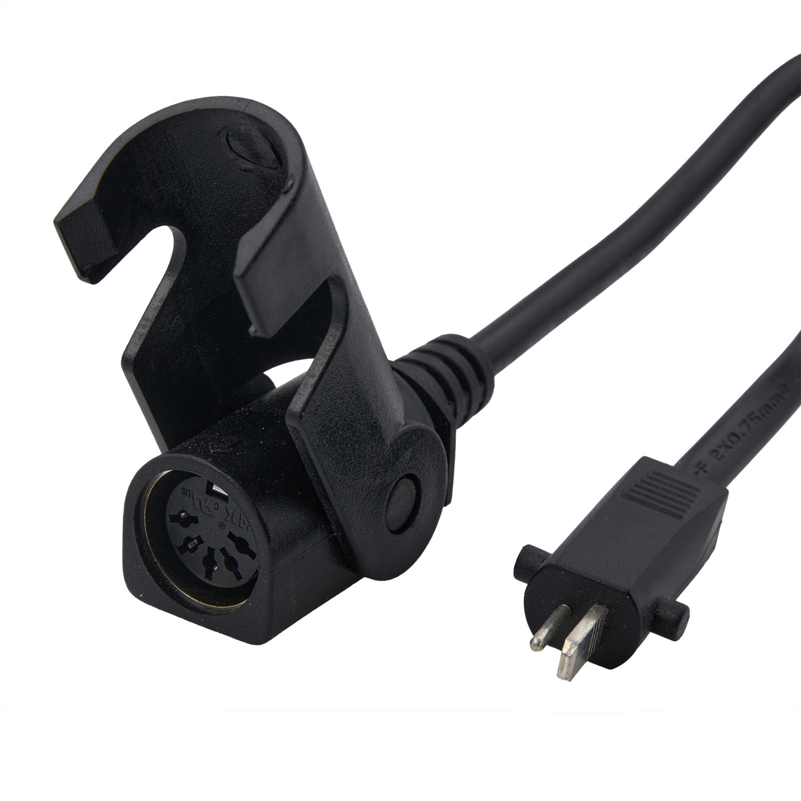 Black power adapter with plug on a white background