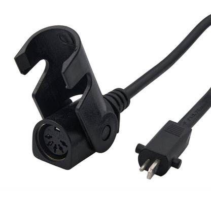 Black power adapter with plug on a white background