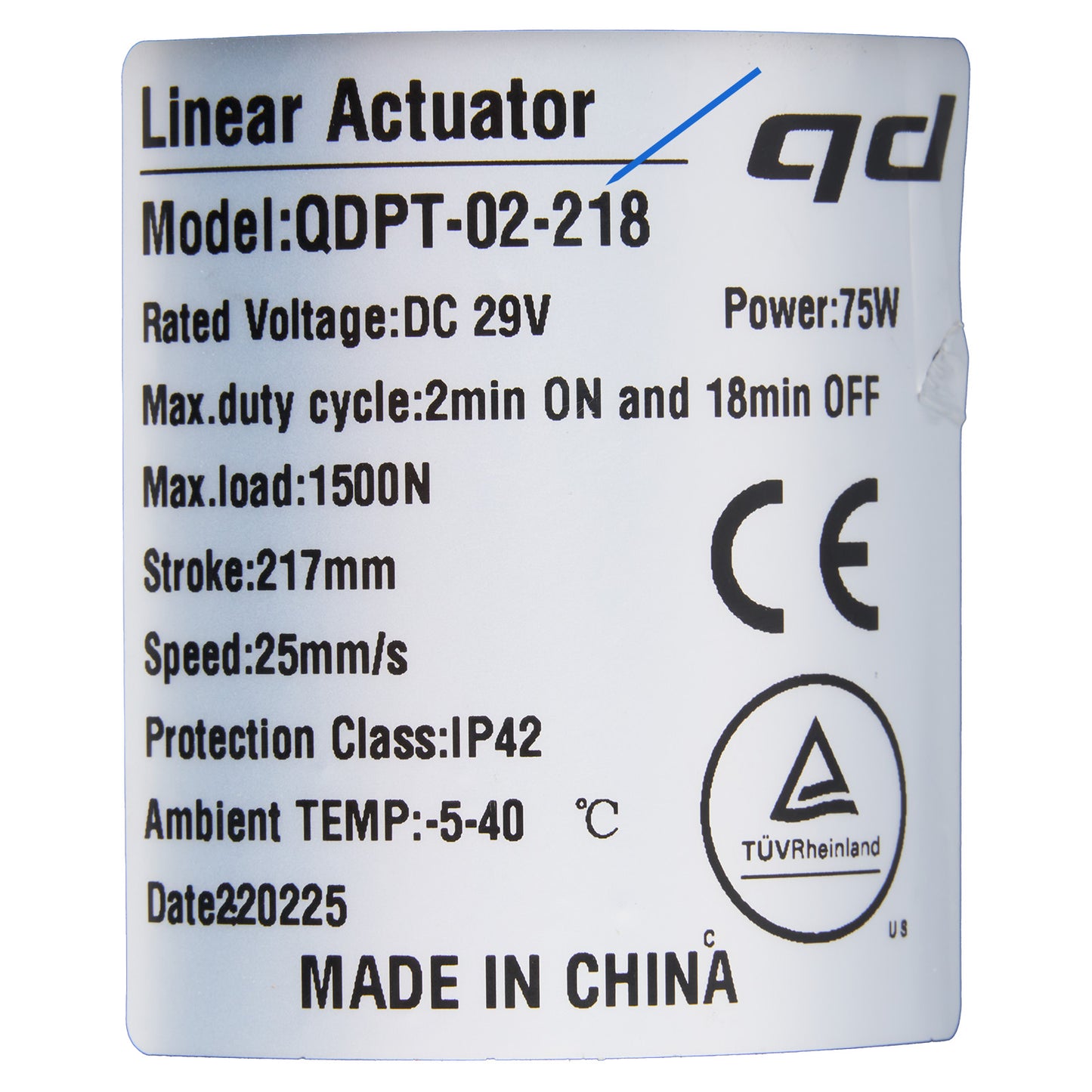 Linear actuator label with specifications and branding on a white background