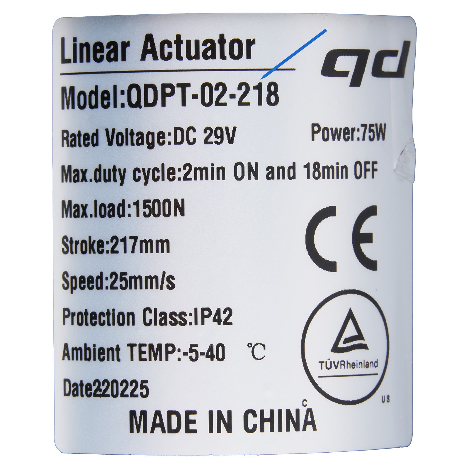 Linear actuator label with specifications and branding on a white background