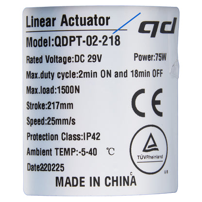 Linear actuator label with specifications and branding on a white background