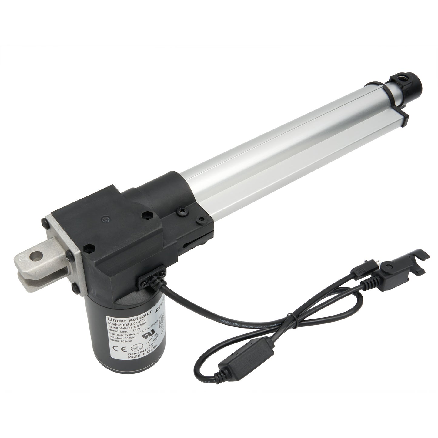 Linear actuator with power cable on a white background