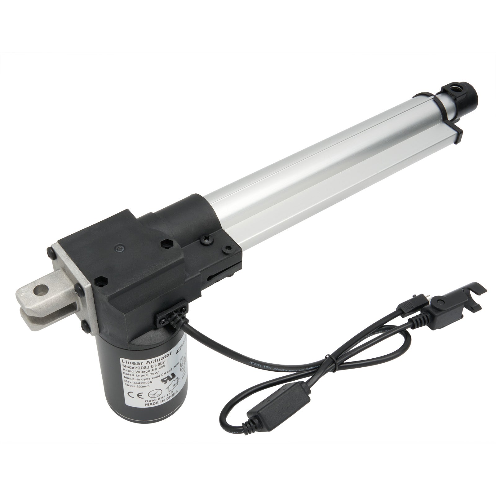 Linear actuator with power cable on a white background