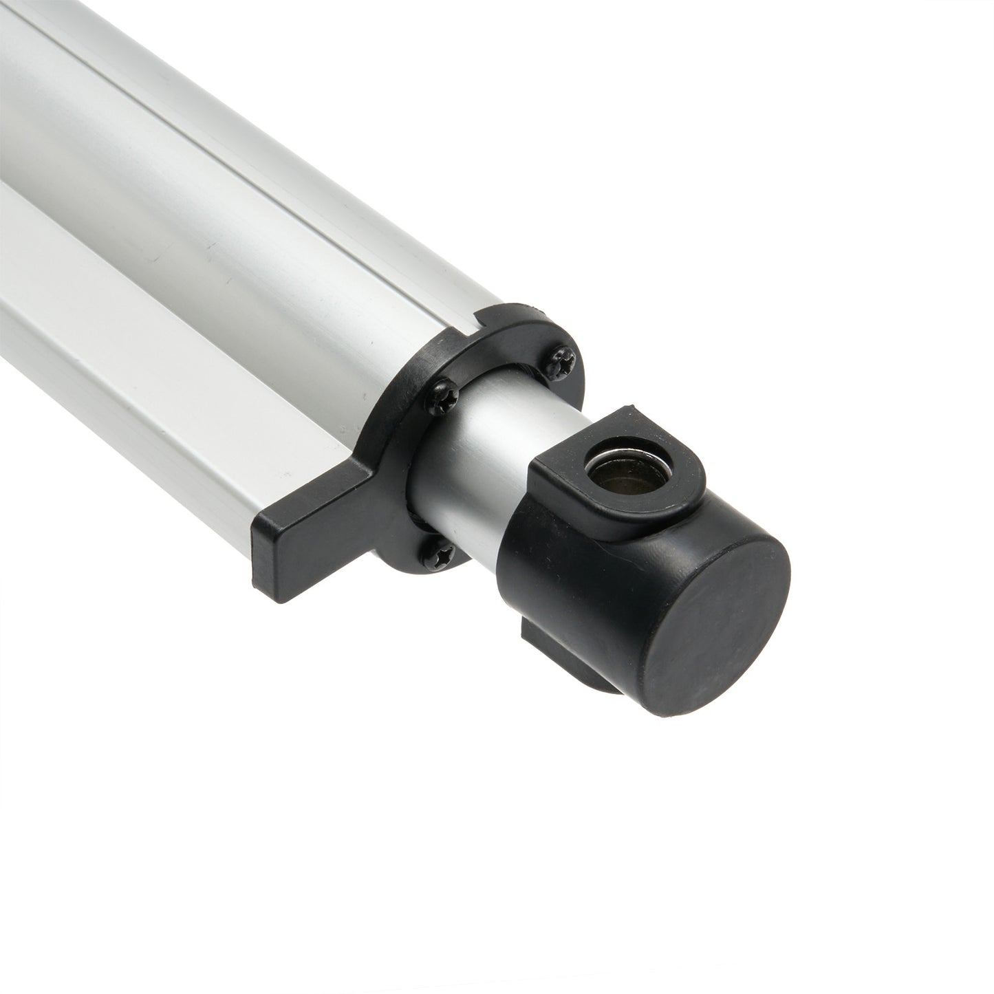 Metallic cylindrical object with a black fitting on a white background