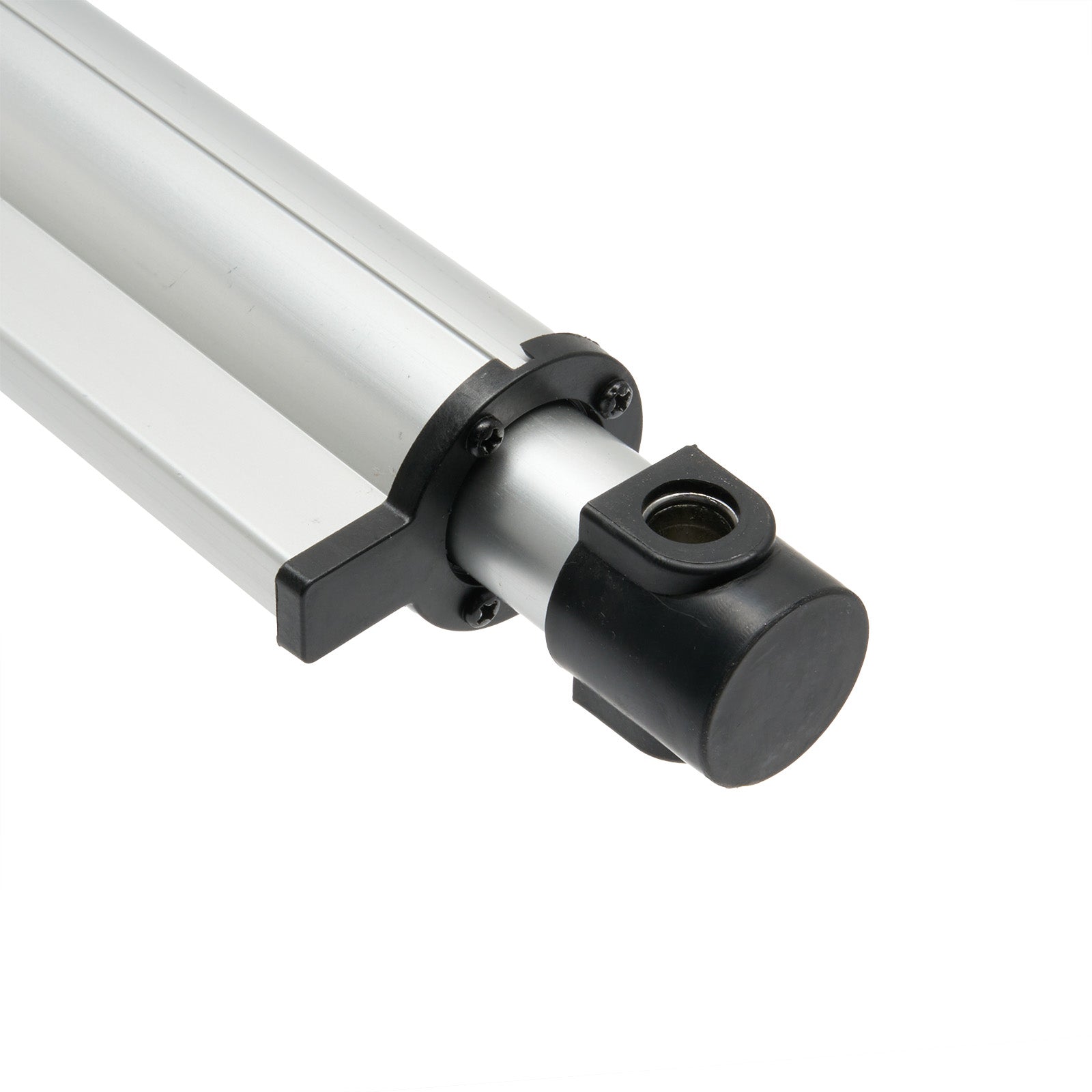 Metallic cylindrical object with a black fitting on a white background