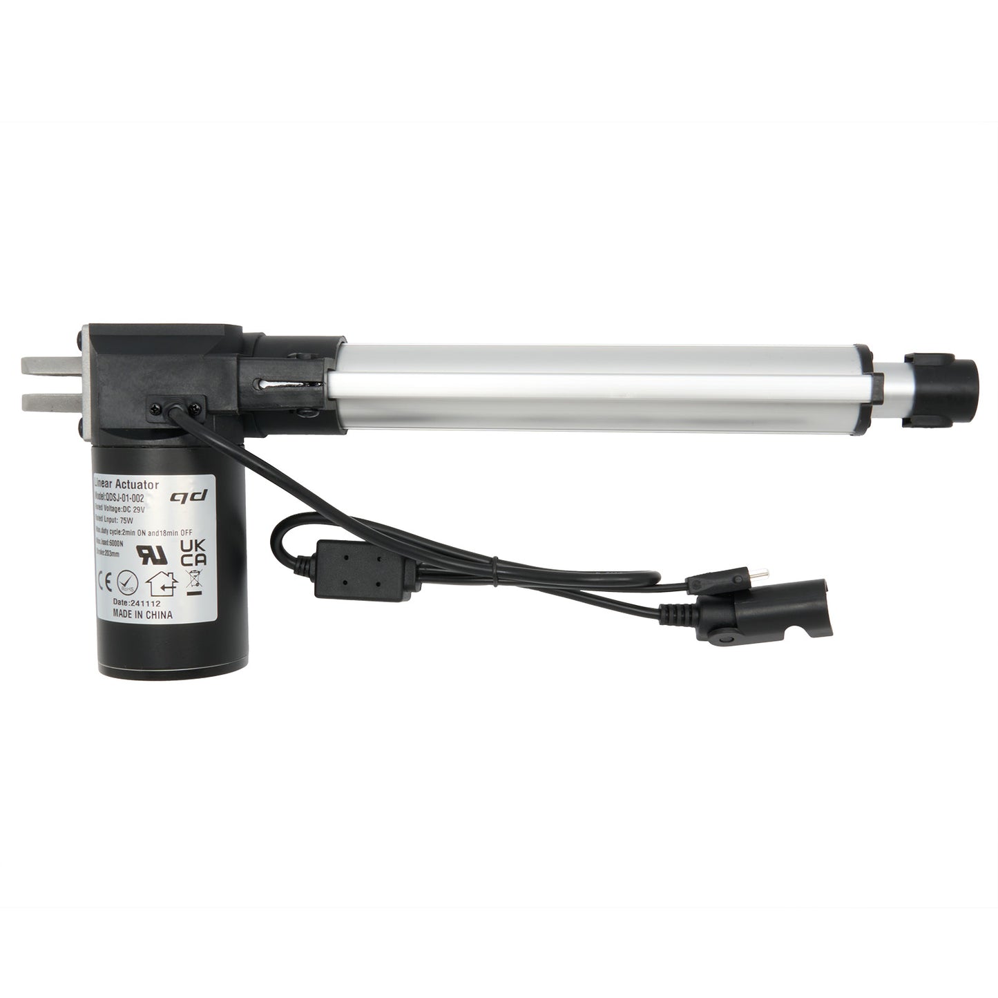 A QDSJ-01-002 linear actuator, typically used in power recliners or lift chairs, featuring a black motor housing connected to a silver actuating arm with black and white cables.