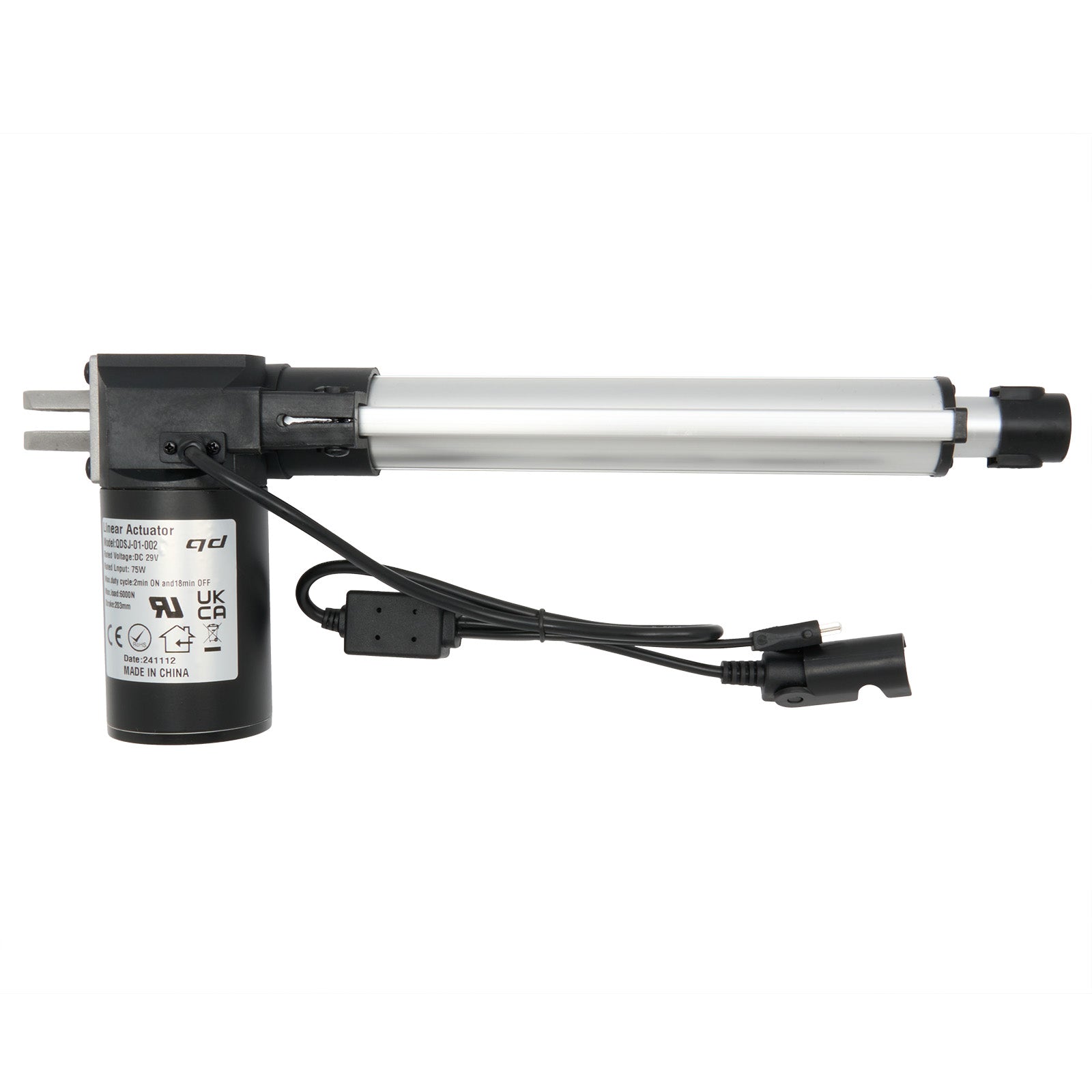 A QDSJ-01-002 linear actuator, typically used in power recliners or lift chairs, featuring a black motor housing connected to a silver actuating arm with black and white cables.