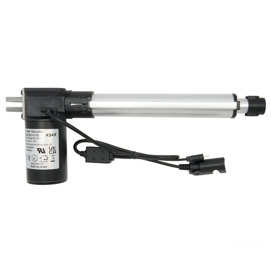 A QDSJ-01-002 linear actuator, typically used in power recliners or lift chairs, featuring a black motor housing connected to a silver actuating arm with black and white cables.