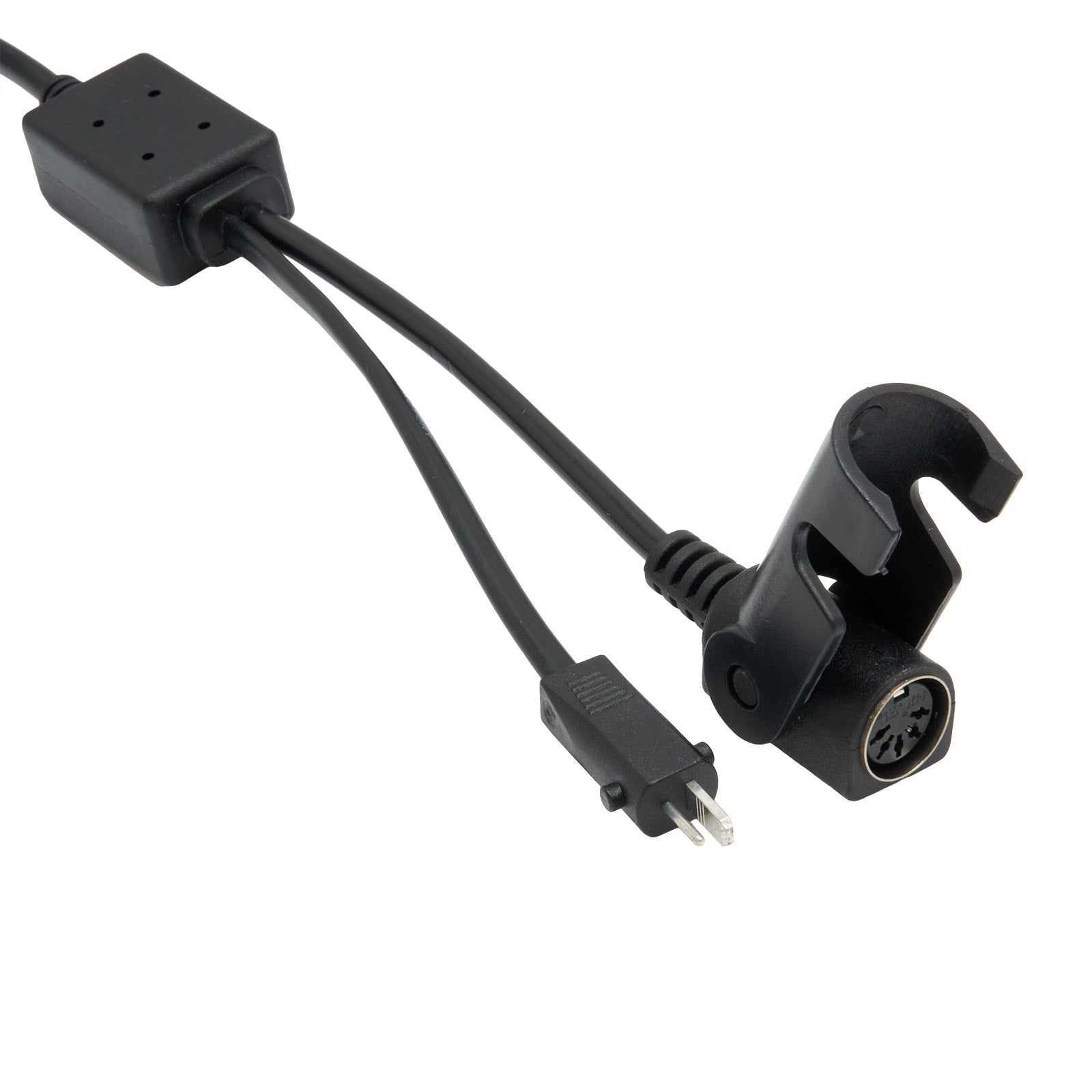 Black electrical cable with connectors on a white background