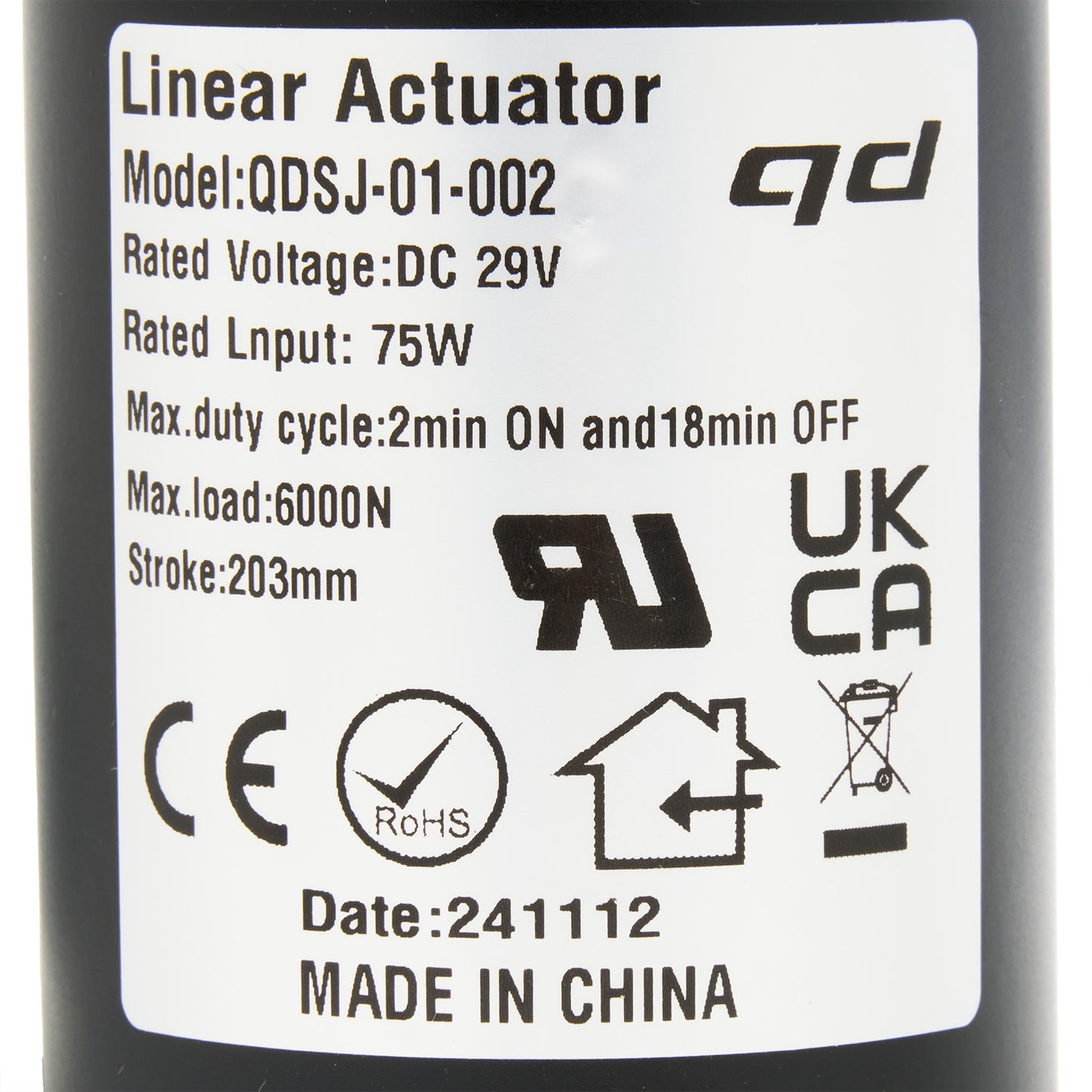 Label on a linear actuator with technical specifications and certification logos.